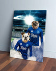 Personalized canvas featuring two dogs in blue Everton football kits on a stadium background.