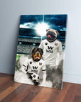 Personalized canvas of two pets, a pug and rottweiler, in white Fulham football jerseys.