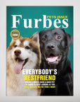Personalized 'Furbes' magazine-style poster featuring a fluffy brown husky and a black labrador on a teal background.