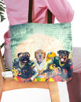 Personalized Green Bay Doggos 3-pet portrait tote bag with dogs in football uniforms.
