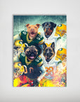Personalized Green Bay Doggos 4-pet poster featuring dogs in football jerseys and helmets, with fiery effects.