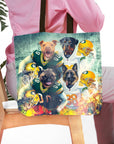 Personalized tote bag with four dogs in Green Bay football uniforms and helmets.
