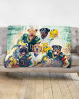 Personalized minky blanket with five dogs in Green Bay Packers football uniforms.