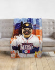 Personalized pet blanket with a pug dog in a Houston Astros baseball uniform.