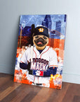 Personalized pet canvas featuring a pug in a white Houston Astros baseball uniform with a bat, against a city skyline.