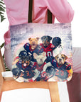 Personalized 5-pet tote bag with dogs in football uniforms, a stadium background, and a purple-tinted sky.