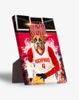 Personalized pet standing canvas featuring a boxer dog in a red and white basketball jersey with "ROCKPAWS" and "4" on it, holding a basketball, against a red court background.