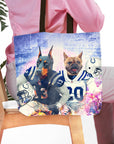 Personalized pet portrait tote bag featuring a Doberman and French Bulldog in Indianapolis Colts football uniforms.