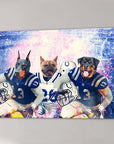 Personalized 3-pet canvas featuring dogs in blue and white football uniforms with helmets.