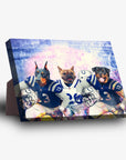 Personalized 3-pet standing canvas featuring a Doberman, French Bulldog, and Rottweiler in blue and white football uniforms.