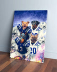 Personalized Indianapolis Doggos 4-pet canvas featuring dogs in football uniforms against a blue background.