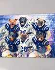 Six diverse dog breeds in blue and white football uniforms and helmets on a stadium canvas.