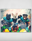 Personalized poster featuring three dogs in Jacksonville Doggos football uniforms with a fiery background.