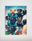 Personalized 'Jacksonville Doggos' poster featuring four pets in football jerseys and helmets, with fiery effects.