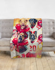 Personalized blanket with four dogs in Kansas City Chiefs football uniforms.