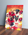 Personalized "Kansas City Doggos" 4 pet canvas featuring dogs in red and white football jerseys.
