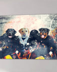 Personalized 'Las Vegas Doggos' canvas featuring three pets as football players in black and white uniforms.