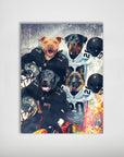 Personalized 'Las Vegas Doggos' poster featuring four pets as football players in black and white Raiders jerseys.