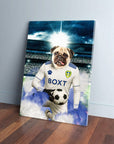 Personalized Leeds United Doggos Football canvas featuring a pug in a white jersey holding a soccer ball.