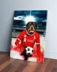 Rottweiler dog in a red Liverpool football jersey holding a soccer ball on a custom canvas print.