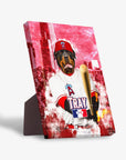Personalized pet standing canvas featuring a Rottweiler in a Los Angeles Angels baseball uniform with a red city background.