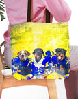 Personalized 3-pet tote bag with dogs in blue and yellow football uniforms.