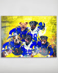 Personalized 5 pet poster featuring dogs in blue and white football uniforms against a yellow, fiery background.