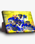 Personalized 5-pet standing canvas featuring dogs in blue and yellow football uniforms.