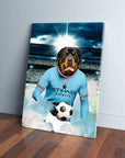 Personalized Manchester City Doggos Football canvas featuring a Rottweiler in a light blue jersey holding a soccer ball.