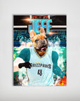 Personalized "Memphis Grizzpaws" poster featuring a French bulldog in a teal basketball jersey, dribbling.