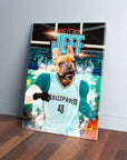 Personalized "Memphis Grizzpaws" pet canvas featuring a French Bulldog in a light blue basketball jersey.