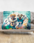 Personalized Miami Doggos 2-pet blanket featuring dogs in football uniforms.