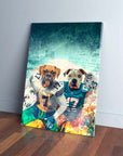 Personalized "Miami Doggos" canvas featuring two pets as football players in teal and white uniforms.