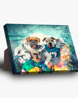 Personalized 'Miami Doggos' standing canvas featuring three pets in football jerseys with a vibrant, fiery background.