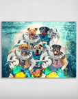 Personalized 'Miami Doggos' poster featuring five pets as football players in teal and white uniforms.