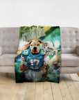 Personalized pet blanket with a dog in a Miami Dolphins football uniform, holding a helmet and ball.