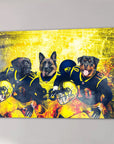 Personalized 3-pet canvas featuring dogs in blue and yellow football uniforms against a fiery yellow background.