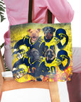 Personalized 'Michigan Doggos' 4 pet tote bag with custom dog portraits in football uniforms.