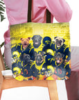 Personalized tote bag with six dog portraits in football uniforms on a yellow background.
