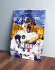 Personalized pet canvas featuring a dog in a baseball uniform with "Miklo" and a paw print logo.