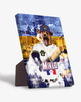 Personalized pet canvas featuring a dog in a baseball uniform with a bat, against a Milwaukee skyline.