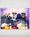 Personalized 3-pet poster featuring dogs in purple and white football uniforms with helmets.
