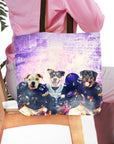 Personalized 3-pet tote bag featuring dogs in football uniforms against a purple stadium background.