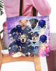 Personalized 4-pet tote bag with dogs in Minnesota football jerseys.