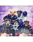 Custom personalized blanket with five dogs in purple and white football jerseys.