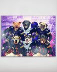Personalized 6-pet poster featuring dogs in purple and white football uniforms against a stadium backdrop.