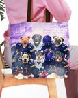 Personalized 6-pet dog portrait tote bag with dogs in Minnesota Vikings football uniforms.