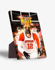 Personalized pet standing canvas featuring a dog in a white and orange basketball jersey with "NEWBARK 12" and "NATE" above.