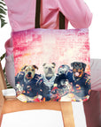 Personalized 3-pet tote bag with dogs in New England Patriots football uniforms.