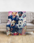 Personalized New England Doggos blanket with four pets in football uniforms.
